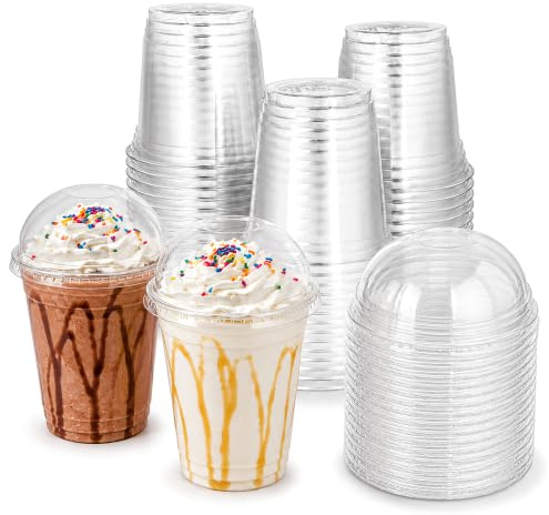 12oz (350ml) Clear Cups with Dome Lids [100 Pack] - Strong Recyclable Cold Drink Cups for Smoothies, Iced Coffee, Milkshakes, Bubble Tea, Boba, Slushies, Frappes, Juice & Takeaway Use