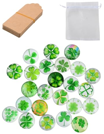 Hontaog 24 Stück Kleeblatt Glassteine Set, 25 mm Vierblättriger Glücksklee Glassteine mit Organzasäckchen und Geschenkanhänger für DIY Basteln, Gastgeschenke, Hochzeit, Tischdeko und Geschenk