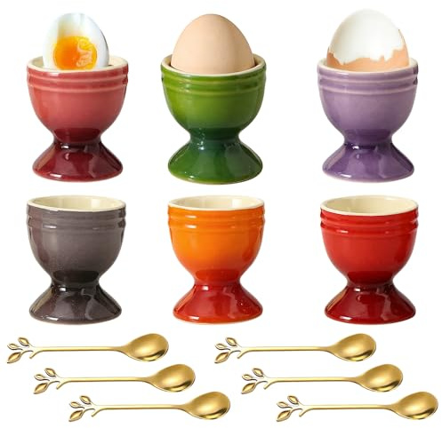 Ceramic Egg Cups, SGZIOO 6 Pieces Porcelain Egg Cups and 6 Spoons, Colourful Egg Holders for Soft and Hard Boiled Eggs, Egg Stand for Any Breakfast Table, Microwave and Dishwasher Safe
