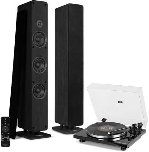 Audizio Wireless Vinyl Record Player with Active Floor Standing HiFi Tower Speakers – Turntable Stereo System, Bluetooth, USB, Optical, 320W, Black