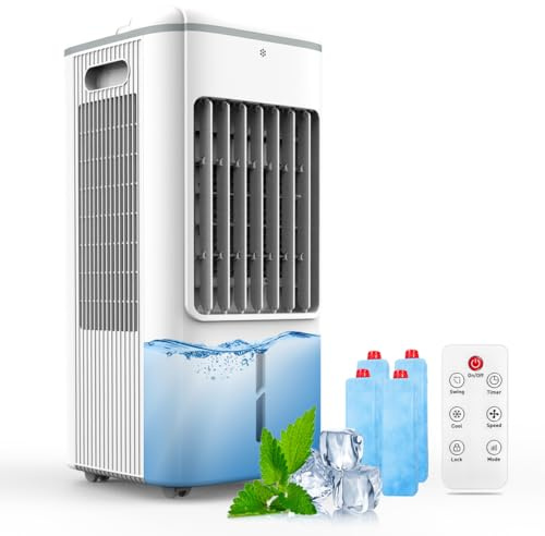 Evaporative Air Cooler,75W,Upgraded 3-side Air Intake,Mobile Portable Air Cooler Fan with Digital Display, Remote Control,Visible 6L Water Tank,4 * 200ML Ice Boxes,3 Modes,3 Speeds,1-10H Timer
