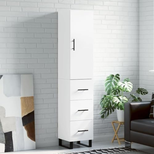 QUAHEAS Highboard vit av trämaterial 34,5 x 34 x 180 cm med metallfötter, förvaringsbyfféskåp för vardagsrum, matsal, köksbuffé och förvaring