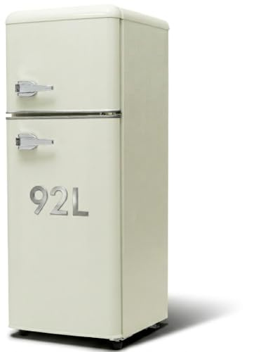 Lahoomu Retro-Kühlschrank, Kühl-Gefrier-Kombination, 92 Liter (mit 28 Liter Gefriervolumen), 116 kWh/Jahr, 105.5 cm hoch, Zweitürig, -27°C ~13°C, LED-Licht, Weiß