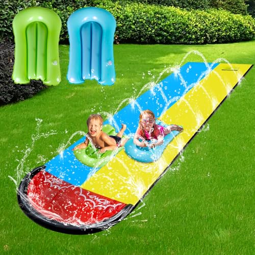 20ft/6.1m Water Slide Mat, Slip and Slide Water Slide with 2 Bodyboards, Double Lane Inflatable Water Slides with Sprinkler, Summer Backyard Outdoor Water Toys for Kids and Adults