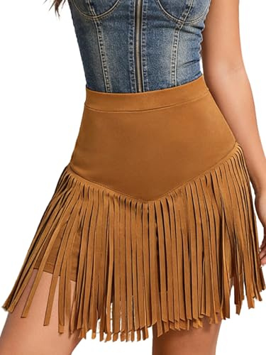 Springcmy Womern Western Cowgirl Fringe Skirt High Waisted Mini Suede Skirts Country Concert Rave Festival Booty Tassel Bottoms (A Light Brown, L)