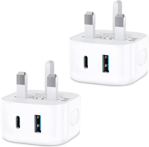 USB C Fast Charge Plug,2 PACK Dual Port USBC Plug Type C Wall Charger UK Compatible with Apple iPhone 17/16/15/15 Pro Max Micro/14/14 Pro/14 Pro Max/13/13 Pro/13 Pro Max/12/12 Pro Max/Pro/iPad