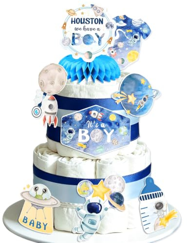 Outer Space Diaper Cake Decorations Astronaut and Rocket Themed Supplies | With Ribbon and Decorative Cards for Baby Shower Gender Reveal Diapers Not Included