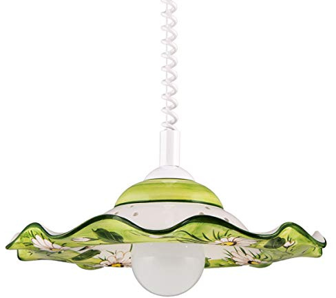 Pendelleuchte Keramik höhenverstellbar Keramiklampe für Küche Landhaus | Helios Leuchten 2070511 handgefertigte Küchenlampe, handbemalt Dekor Margerite weiß, Esstisch Küchentisch 1 x E27