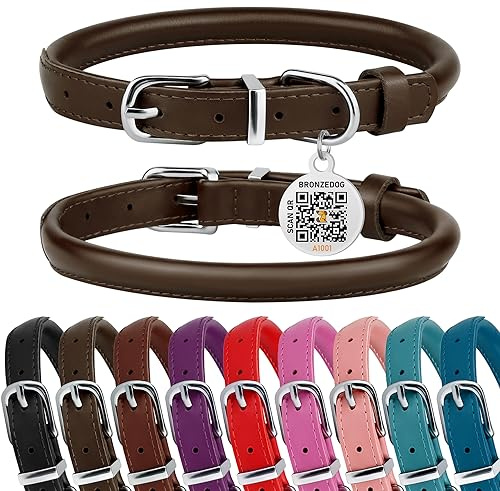 BRONZEDOG Hundehalsband aus gerolltem Leder für kleine, mittelgroße und große Hunde mit QR-ID-Erkennungsmarke (Kaffeebraun, XS: 23-28 cm)