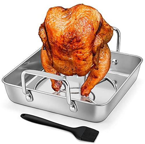 HaSteeL Roasting Pan, Beer Can Chicken Holder Rack & Oil Brush Set | Stainless Steel Vertical Roaster Stand, Heavy Duty Drip Pan, 8 Basting Brush, For Smoker Grill Oven BBQ, Dishwasher Safe