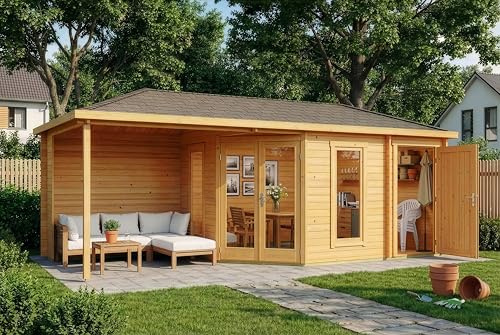 Alpholz 5-Eck Gartenhaus Liwa mit Anbau 728x317cm Imprägn. 40mm Wandstärke | aus Holz (Nordische Fichte|Kiefer), Blockbohlenbauweise, Walmdach