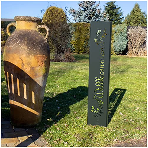 teileplus24 GS01-BR-1 Willkommen Gartenstecker Gartenschild | Schwarz Garten Deko | 3D Abkantung | 120cm x 21cm