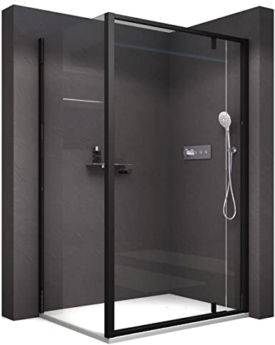 BERNSTEIN Duschkabine mit Drehtür Eckdusche NT606 FLEX - Dusche Türelement x Breite: 90x140cm aus 6mm ESG Klarglas - Profilfarbe Schwarz matt
