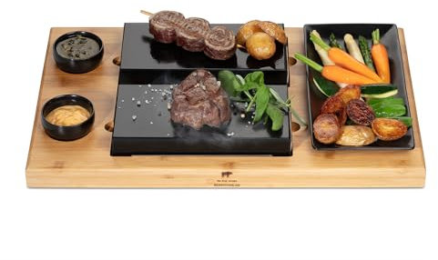 BEEFSTONE Grill chaud Modèle DUE Pierre Steak Planche en Bambou | Set Complet Raclette Pierre Chaude 8 Pièces