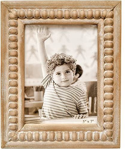 MACVAD Large Rectangular Natural Wood Picture Frame With Decorative Beads- Perfect for 5X7 Single Photos - Farmhouse Gift Idea for Family and Friends