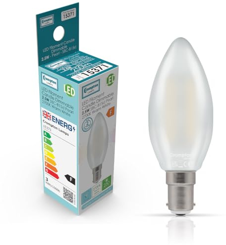 Crompton Lamps Filament Candle LED Light Bulb SBC-B15d | 2.5W = 25W Equivalent | Warm White 2700K | Energy Efficient | Small Bayonet Lightbulb | Long Life 15000-Hrs | Pearl Glass | Dimmable