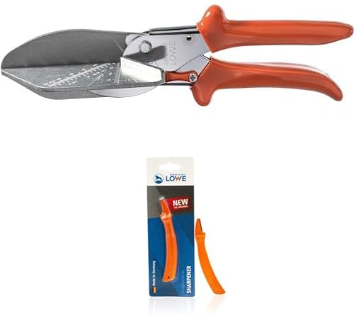Original LÖWE Set bestehend aus Profi Gehrungsschere 3.304 mit 45° Anschlag für Leder, Kunststoff, Holz, PVC, Gummi und Metall & Klingenschärfer 0022 für Gartenscheren und Industriescheren