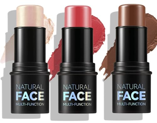 3 Pcs Face Contour Sticks Set, Shades with Highlighter & Blush Sculpted Complexion Wand Contour Long Lasting Natural Buildable Highlighters (01, 05, 06)