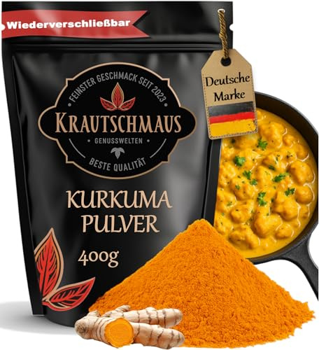 400g Kurkuma Pulver von Krautschmaus, Kurkumapulver gemahlen, Curcuma Gewürz, fein gemahlene Kurkumawurzel, Curcumapulver ohne Zusatzstoffe
