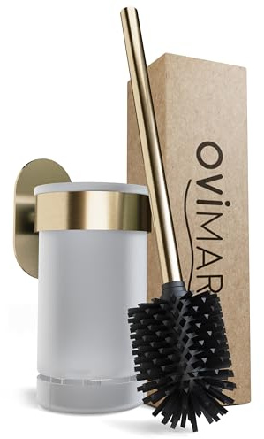 ovimar Toilettenbürste Erviksanden | Gold | Wandhalterung ohne Bohren | Silikon Klobürste | WC Bürste mit Belüftungsfunktion | zum Kleben | aus Edelstahl | WC Bürstenkopf wechselbar
