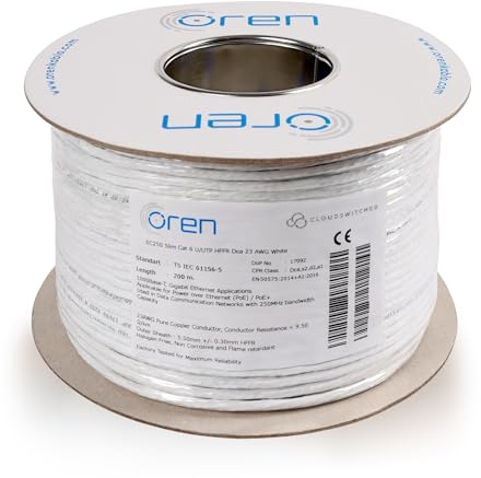 Oren CAT6 200m Ethernet Cable White - Slim - 23 AWG Pure Copper Wire - 250 MHz Bandwidth UTP Internet LAN Network Cable - Halogen Free, Non-Corrosive - Gigabit High Speed Ethernet Cable