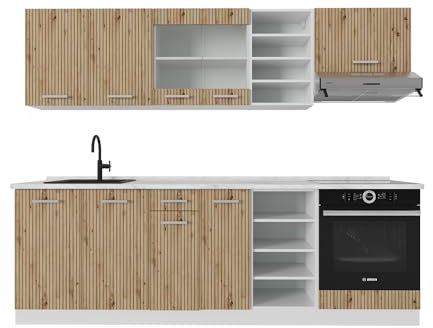 Vicco Küchenzeile R-Line, Artisan Eiche/Weiß, 240 cm ohne Arbeitsplatte, mit variabel kombinierbaren Modulen und höhenverstellbaren Füßen