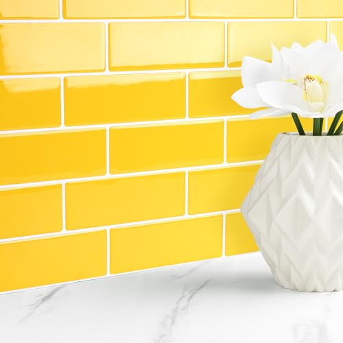 Livelynine Fliesenaufkleber Küche 3D Gelb Klebefliesen Bad Wand Wasserdicht 30x30CM 16-Stück Metro Fliesen Selbstklebend Schellgelb Wandfliesen Selbstklebend 3D Vinyl Fliesen Selbstklebende für Wand
