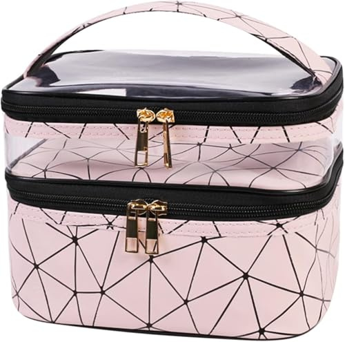 Bolsa de Almacenamiento de Cosméticos Transparente, Neceser Impermeable de Doble Capa de Gran Capacidad, Neceser de Viaje con Compartimento para Cepillos (Rosa a Cuadros)