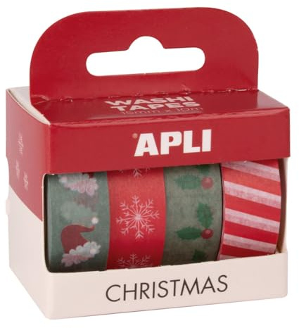 APLI 19838 - Pack dekorativa tejp - WASHI TAPE papper - jultryck och färger - 4 rullar - 15 mm x 10 m band
