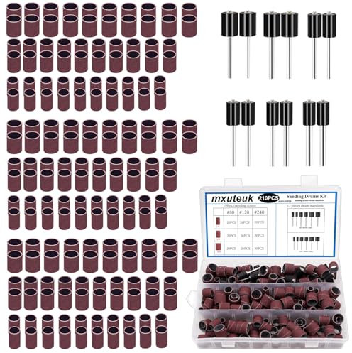 mxuteuk Sanding Drum Set,Including 198 Pieces Aluminum Oxide 80 120 240Grit Drum Sander Sanding Sleeves and 12 Pieces Drum Mandrels for Dremel Rotary Tool,Sanding Drums with Box