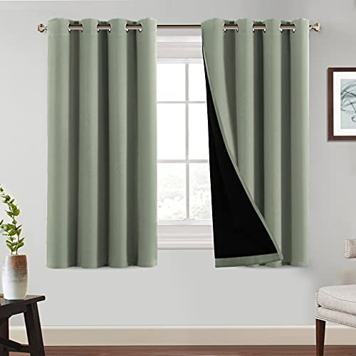 Tenger Home Thermovorhang 100% Blickdichte Gardinen mit Ösen Kälteschutz Vorhänge Verdunklungsvorhänge Wärmeisolierend Doppellagig Ösenvorhang, 2 Stück(Salbei-grün, B 120 cm x H 120 cm)