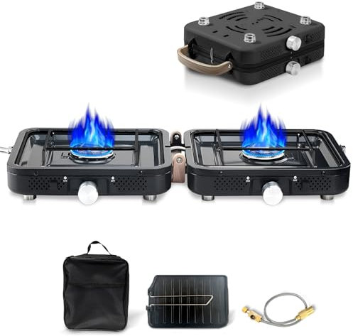 Hengriacly Camping Stove, Collapsible & Portable, Gas Stove 2 Burners with Piezo Ignition, Includes Grill Plate & Gas Hose, for Outdoor BBQ, Hiking & Emergencies, Butane (Black)