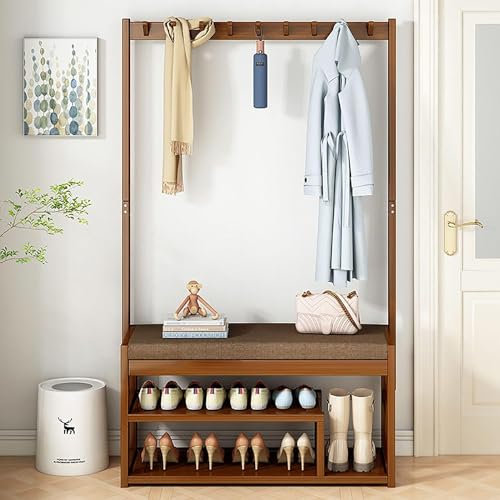 Bambus-Garderobenbank mit 9 Haken, große Kapazität, 3-in-1-Multifunktions-Flur-Aufbewahrungseinheit für Wohnzimmer, Schlafzimmer, freistehende Garderobe
