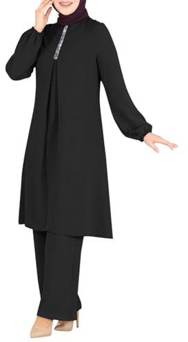 Ensemble Priere Femme Musulmane 2 Pieces,VêTements Ethnique Femme Chic Et Elegant Chemise à Manches Longues Longueur Genou avec Pantalon Ample à Jambes Larges Couleur Unie Mode Costumes