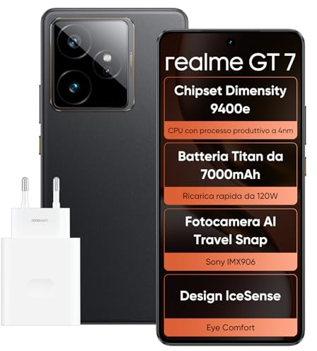 realme GT 7 Smartphone, 5G Dual SIM, 12 GB RAM, 512 GB ROM, 6,8 Zoll AMOLED Display, Dimensity 9400e Spitzen-Chipsatz, 7000 mAh Titan Akku, 50 MP Kamera, IceSense Schwarz (Ladegerät Enthalten)