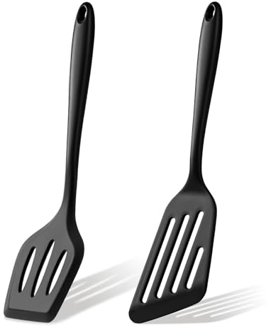 Onader 2Pcs Silicone Spatula Set, Fish Spatula & Slotted Turner for Cooking | Heat Resistant Kitchen Utensils for Non-Stick Cookware, Great for Cooking & Flipping, Easy Clean & Dishwasher Safe, Black