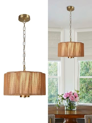 bomiel Hängelampe Rattan mit Stoffschirm Ø35 cm im Vintage-Stil, 3x E14, Höhenverstellbare Kette für Wohnzimmer Esszimmer und Küche(ohne Leuchtmittel)