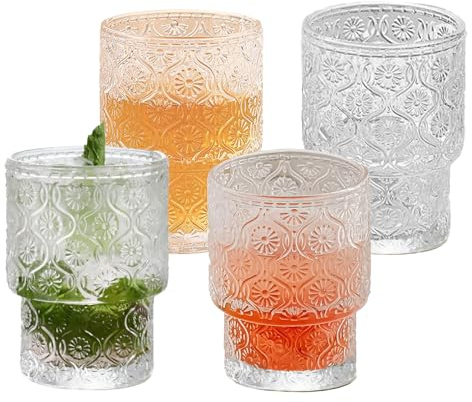 SFHKZCM 4 Pack Vintage Embossed Glass Tumblers - 180ml Iced Coffee & Cocktail Glasses for Beer, Whiskey, Juice - Retro Pub Style Drinkware Set - Reusable Glass Cups for Soda, Water & Cold Beverages