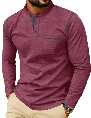 PrinStory långärmad tröja herr Henley t-shirt bomull rund hals pullover casual toppar för män, röd, 3XL