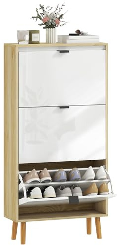 HOMCOM Zapatero Estrecho con 3 Puertas en Blanco Brillo, Zapatero Entrada Recibidor con Estantes Ajustables Patas de Madera, para 18 Pares de Zapatos, 60x24x127 cm Blanco