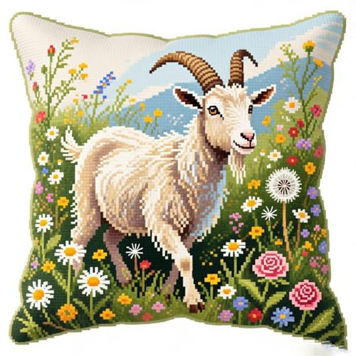 Wallphantom 11CT Kreuzstich Kissen Set Vorgedruckt,Ziege in den Blumen,Kreuzstich,Bedrucktes Leinwand-Kissen-Stickset,Diy-Handarbeit,Stickkissen Set,45x45cm