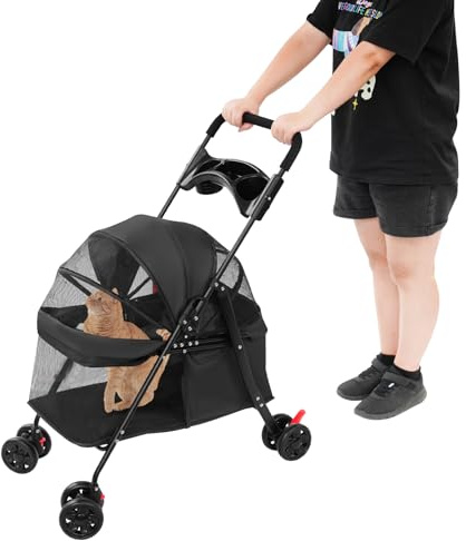 Carrito plegable para mascotas de 4 ruedas con frenos de estacionamiento, ligero y plegable, capacidad de carga de 40 libras, transpirable, para perros y gatos (negro)