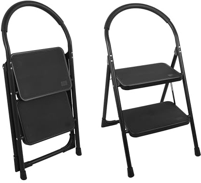 Ondis24 Klapptritt Hugo Trittleiter klappbare Leiter bis zu 150kg pulverbeschichteter Stahl extra Langer Softgriff (Schwarz, 2-stufig)