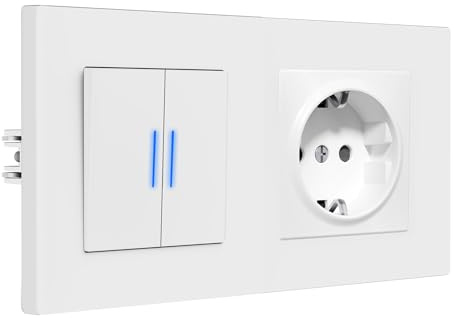 BSEED Interruptor con Enchufe, Interruptor Conmutador Pared con Garras, 2 Gang 2 Vías, Basculante con LED Indicador, Marco de PC mate, Fácil de Instalar, 157 * 86mm Blanco
