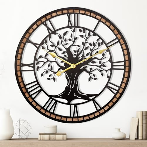 Blissio Orologio da parete, grande orologio da parete da 50,8 cm, per decorazione del soggiorno, design con albero della vita e cornice in legno, batteria silenziosa senza ticchettio (Black Rome, 50 x