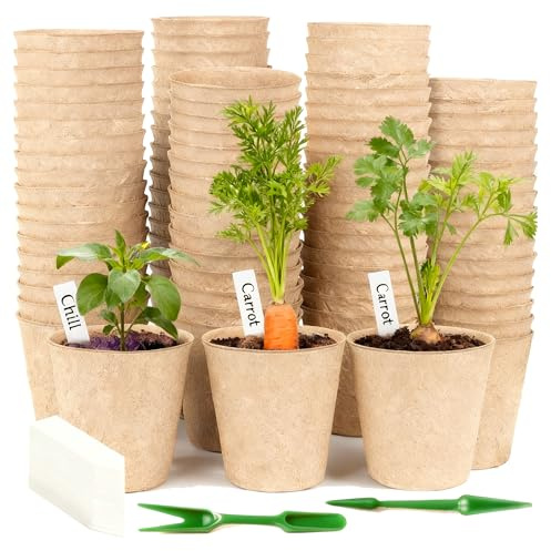 YOOSI Vasetti per Piantine, 100 Pezzi 8 cm Vasi per Vivai Biodegradabili al, con 100 Etichette per Piante e 2 Attrezzi da Giardinaggio, per Germinazione et Taleaggio di Semi, Ortaggi, Fiori