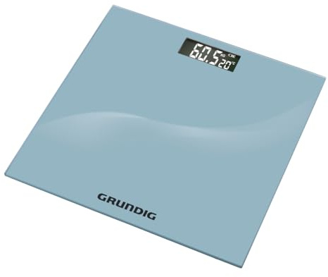 Grundig Personenwaage – Vernetzte Waage bis 180 kg – Vernetzte Personenwaage mit LCD-Display und Temperaturanzeige – kg oder lb – Automatische Abschaltung – Gehärtetes Glas – Silber