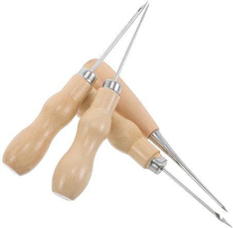 EPIGEIST 4pezzi Perforatrice in Acciaio per Cucire Pelle e Stoffa Kit di Strumenti Punte Dritte e Piegate Manico in Legno Ergonomico per Artigianato Rilegatura Sartoria e Creazione
