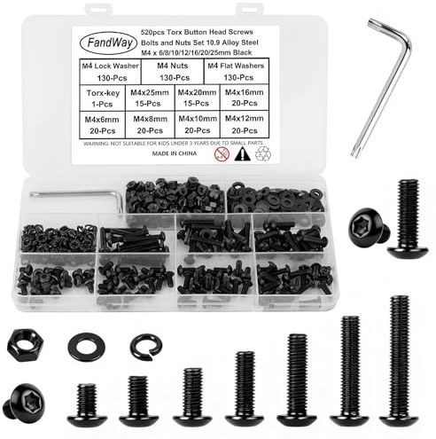 M4 Torx Schrauben Set,520 Stück Schwarz Torx Linsenkopfschrauben Gewindeschrauben,Rundkopfschrauben Maschinenschrauben Muttern und Unterlegscheiben Sortiment mit T20 Bits.
