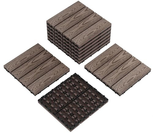 9-Pack 12X12 Composite Deck Tiles – Waterproof Interlocking Patio Flooring for Indoor & Outdoor Use, All-Weather Plastic Wood-Grain Tiles for Patio, Balcony, Porch, Poolside (Coffee, 9 Sq ft)